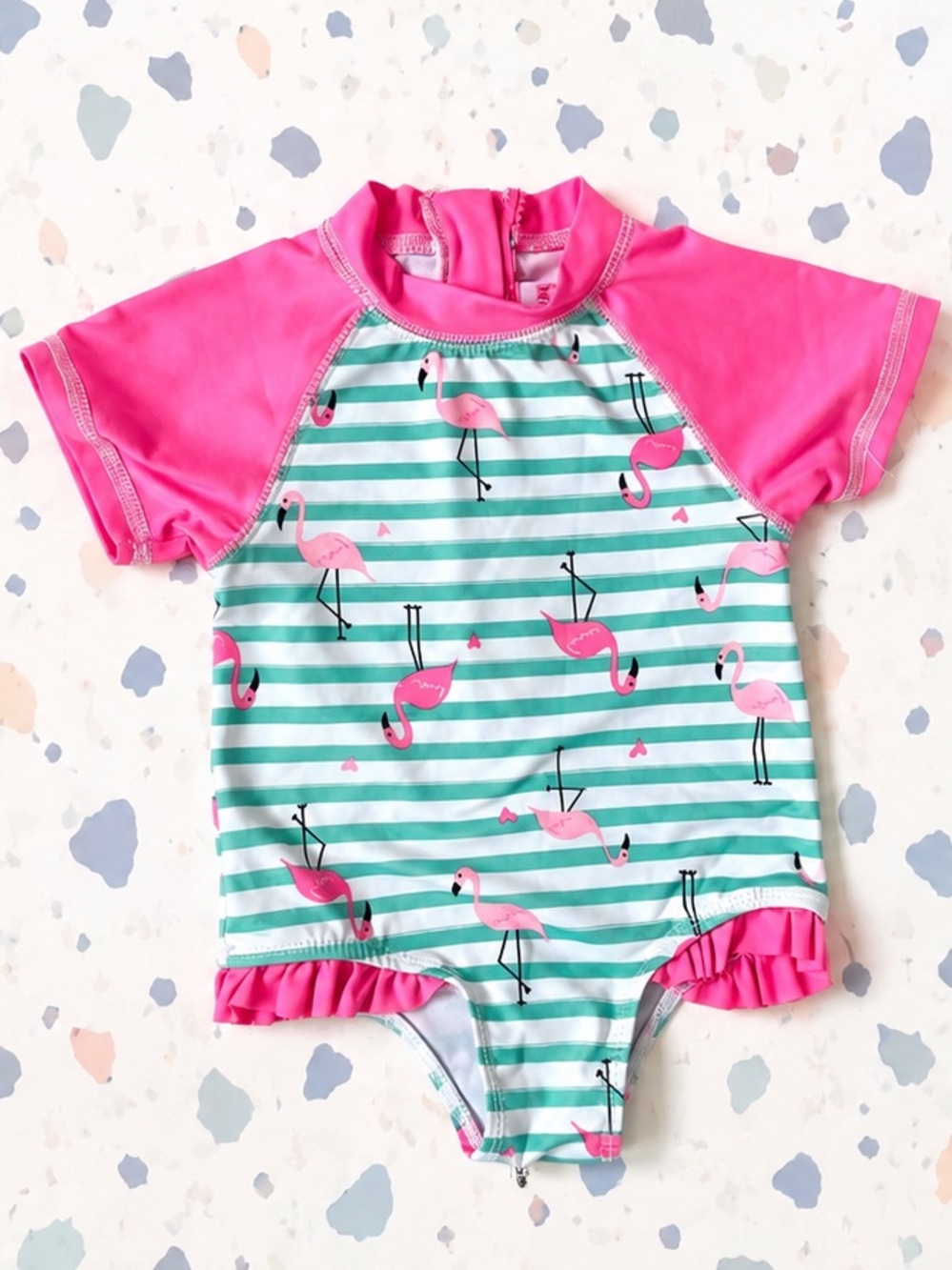 Wippette Pink & Aqua Flamingo Stripe One-Piece Swimsuit